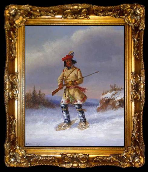 framed  Cornelius Krieghoff Indian Trapper with Red Feathered Cap in Winter, ta009-2